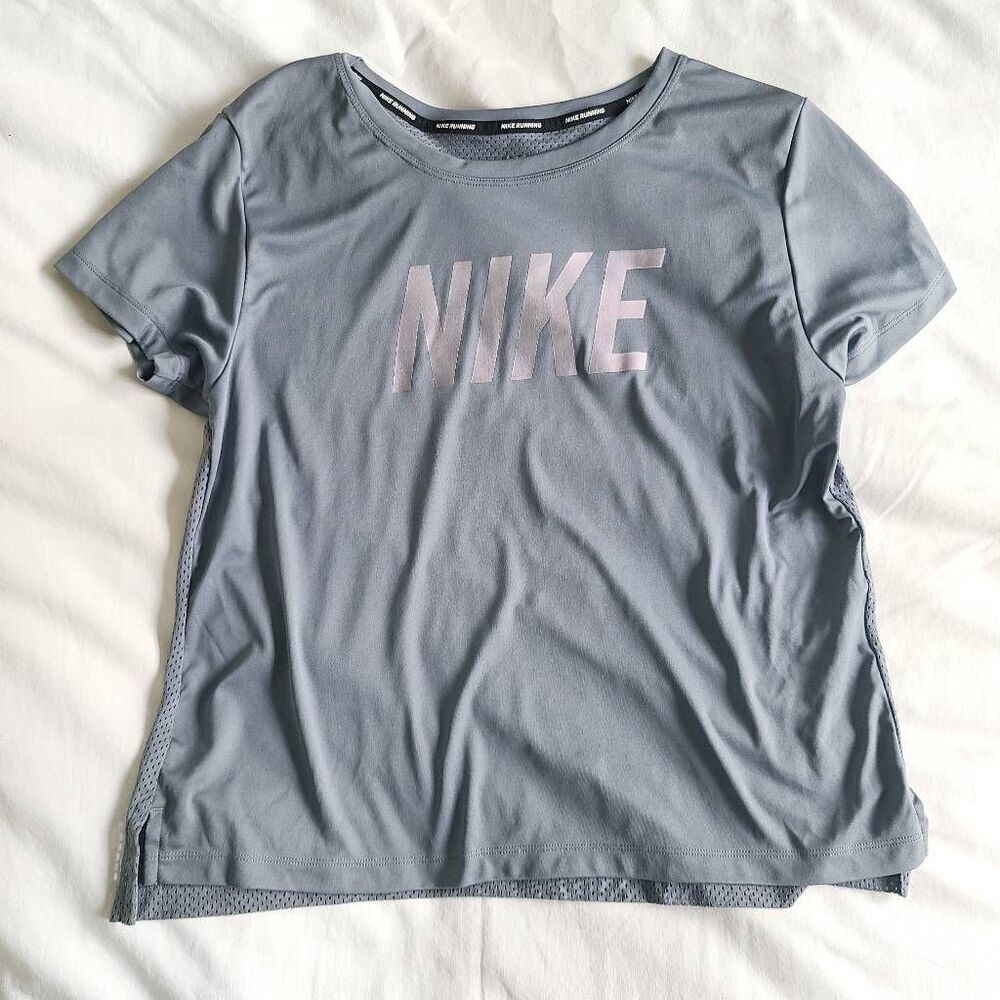 Nike Dri-Fit Running Activewear Top Women's Size Large Gray Short Sleeve Polyest
